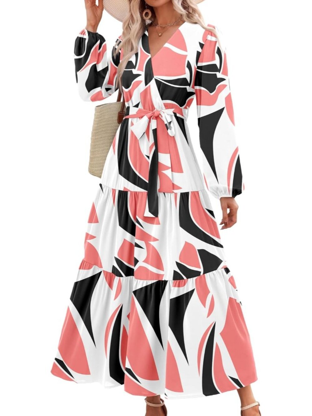 Women's Black Pink Long Sleeve Casual Boho Floral Wrap Wedding Guest Maxi Dress